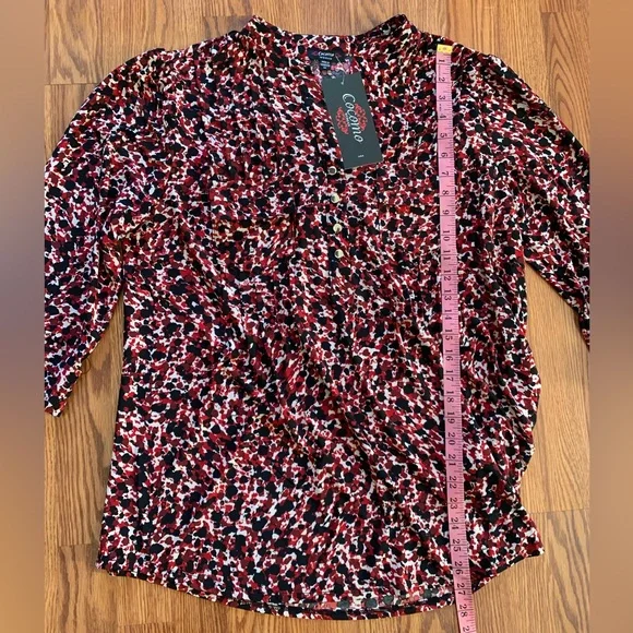 COCOMO 1X Red Black 3/4 sleeve Plus Size women's Pintuck Blouse tunic - Picture 13 of 14